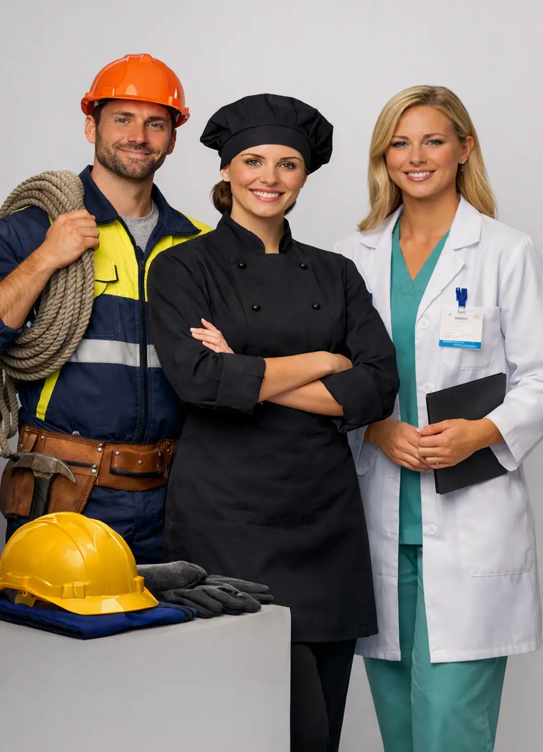 Equipo de construcción, hostelería y sanidad con ropa laboral