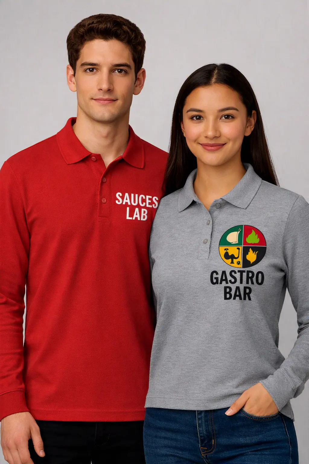 Dos profesionales con polos personalizados bordados